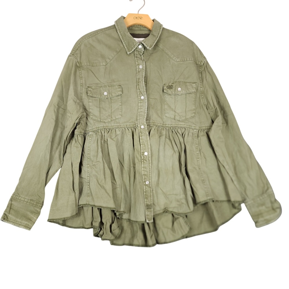 Free People We The Free Olive Green Western Peplum Snap Button Shirt‎ Small